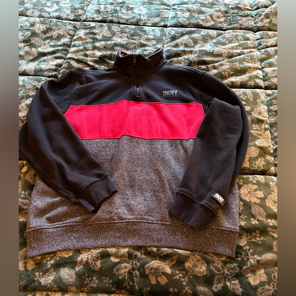 DKNY Men's Quarter- Zip Sweatshirt in Black, Red, and Gray